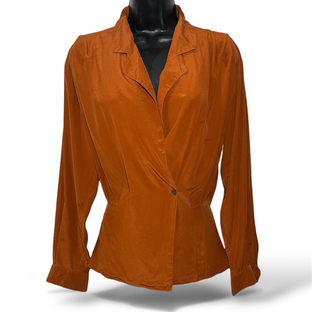 Perry Ellis 100% Silk Burnt Orange Long Sleeve Button Wrap Collared Blouse